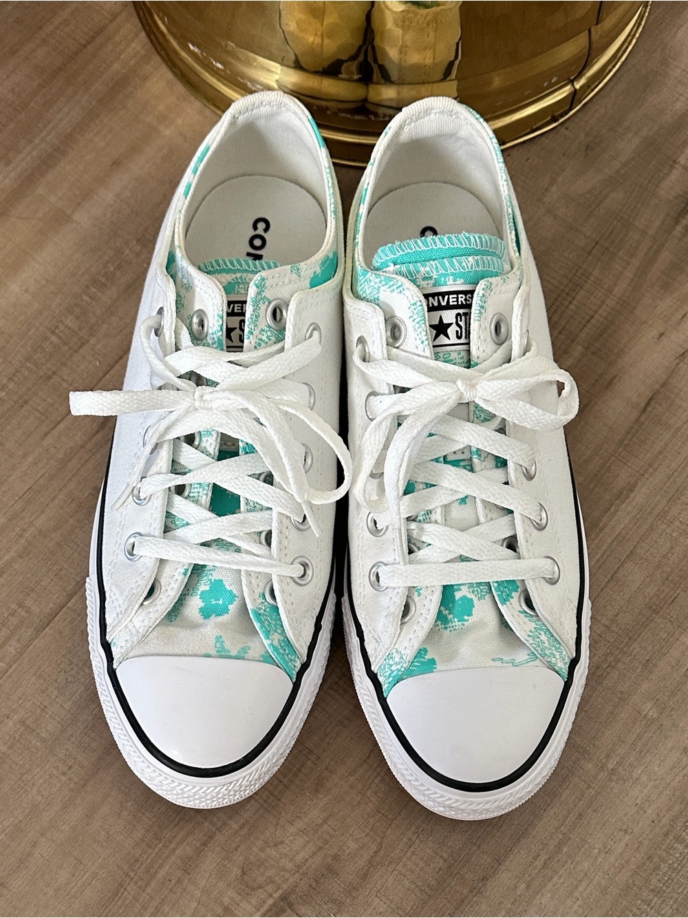 Converse White Low-Top Sneakers with Teal Floral Details